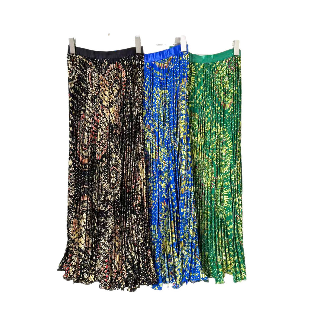 Women's Retro Printed High Waist A- Line Mid-length Pleated Large Hem Skirt