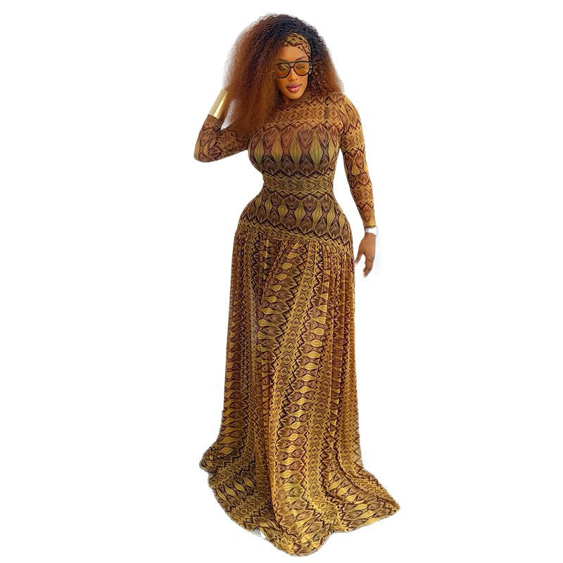 Women's Elegant Retro Waist Slimming A- Line Printed Dress