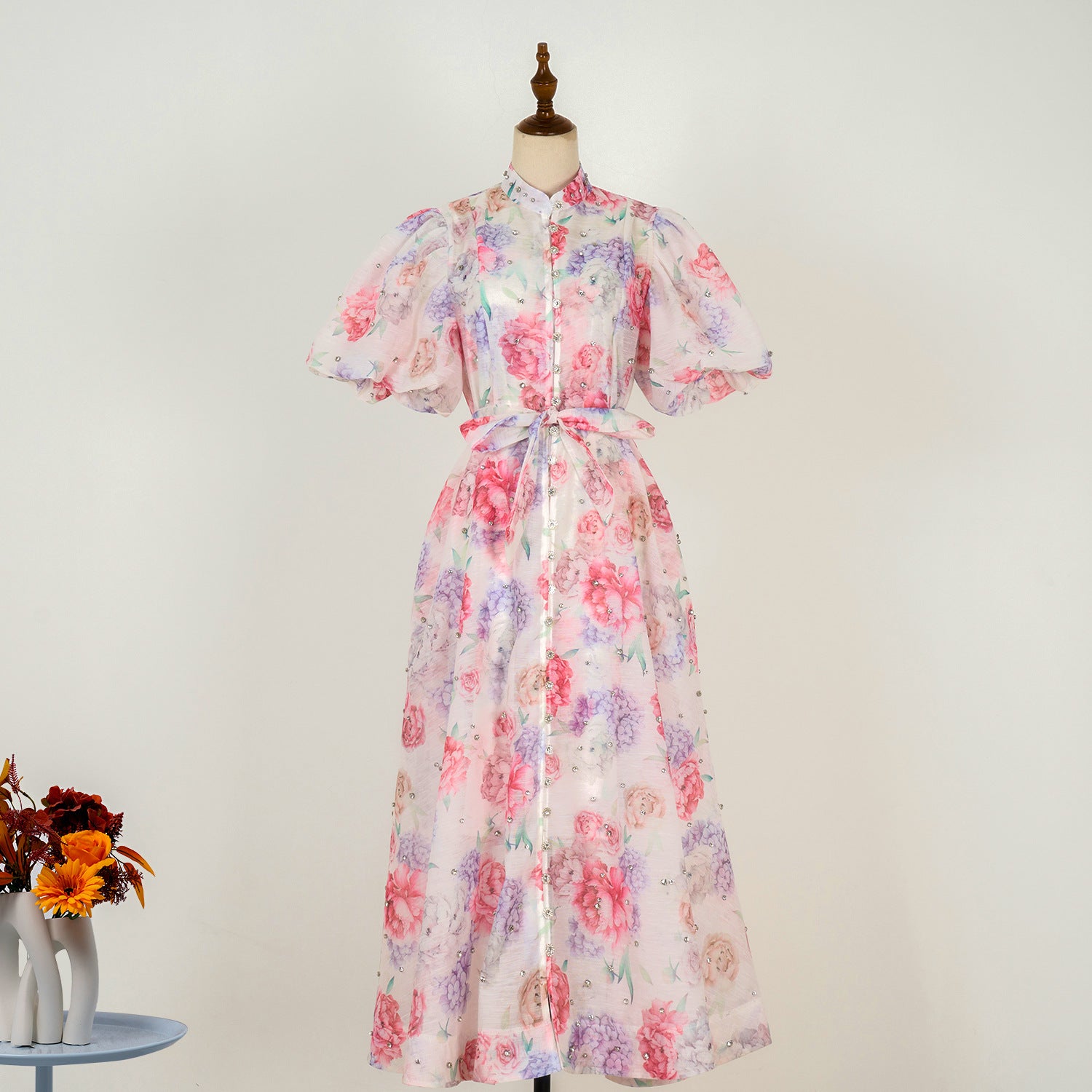 Summer Palace Style High Design Sense Rhinestone Sleeve Single-breasted Long Dress