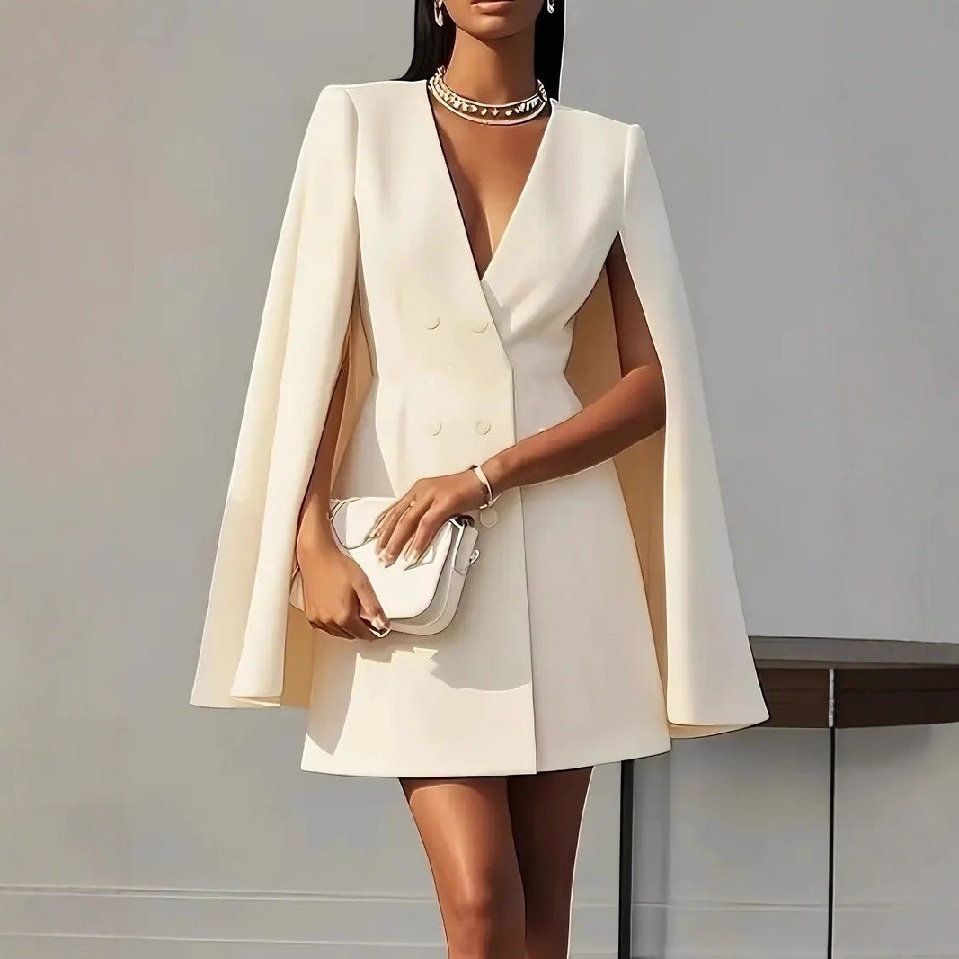 Women's Commuter Double Breasted Shawl Cape Solid Dress