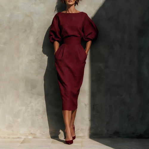 Elegant Retro Boat Neck Puff Sleeve High Skirts