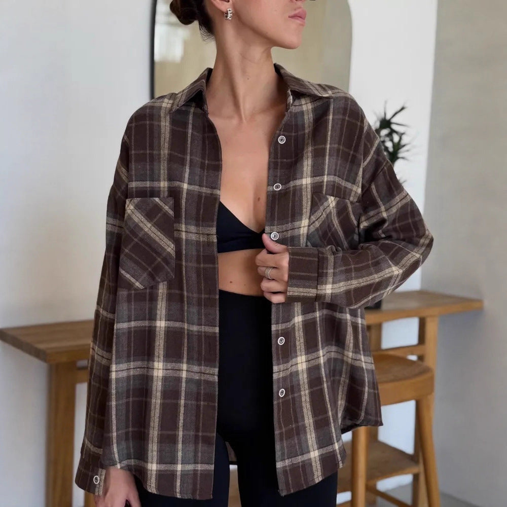 Women's Street Style Plaid Double Pocket Shirt Outer Casual Blouse