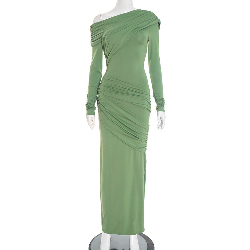 Women's Solid Color Elegant Asymmetric Neckline Pleated Dress