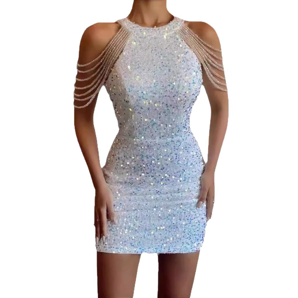 Fashion Halter Sexy Crystal Chain Sheath Dress