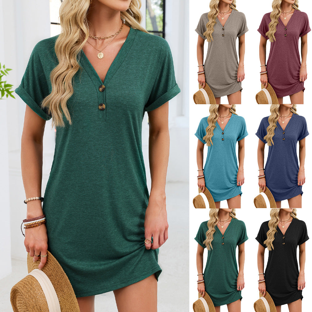 Women's Solid Color Button Sleeve T-shirt Dress