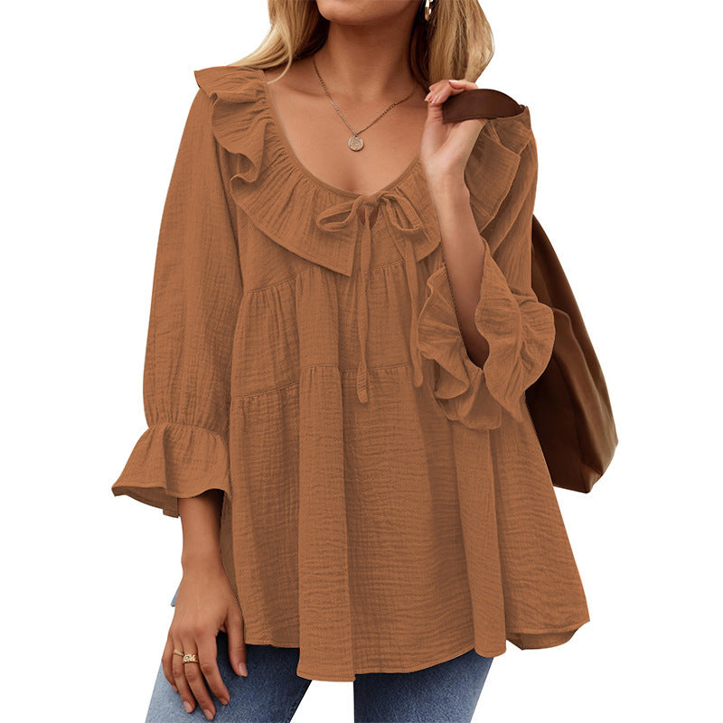 Women's Neck Tied Front Dart Loose Waist Women's T-shirt