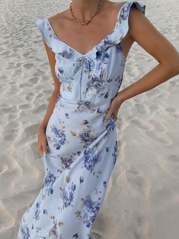 Women's Low-cut Hot Vacation Style Vintage Printed Dress