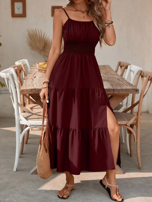 Women's Sling Layered Slim Waist Solid Color Dress