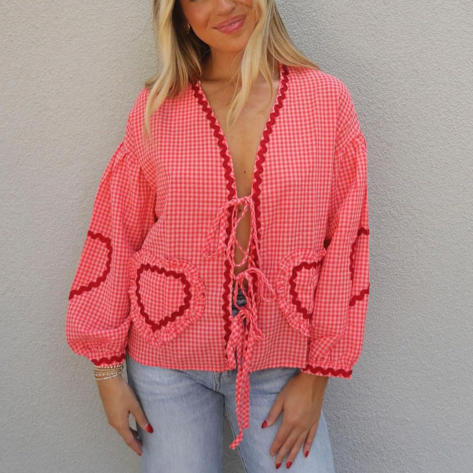 Lantern Sleeve Love Plaid Shirt French Design Blouse