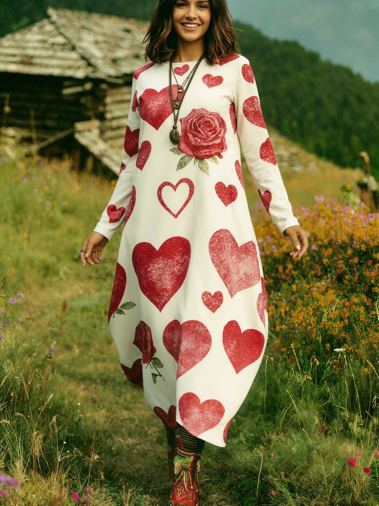 Women's Bohemian Heart Printing Round Neck Long Dress