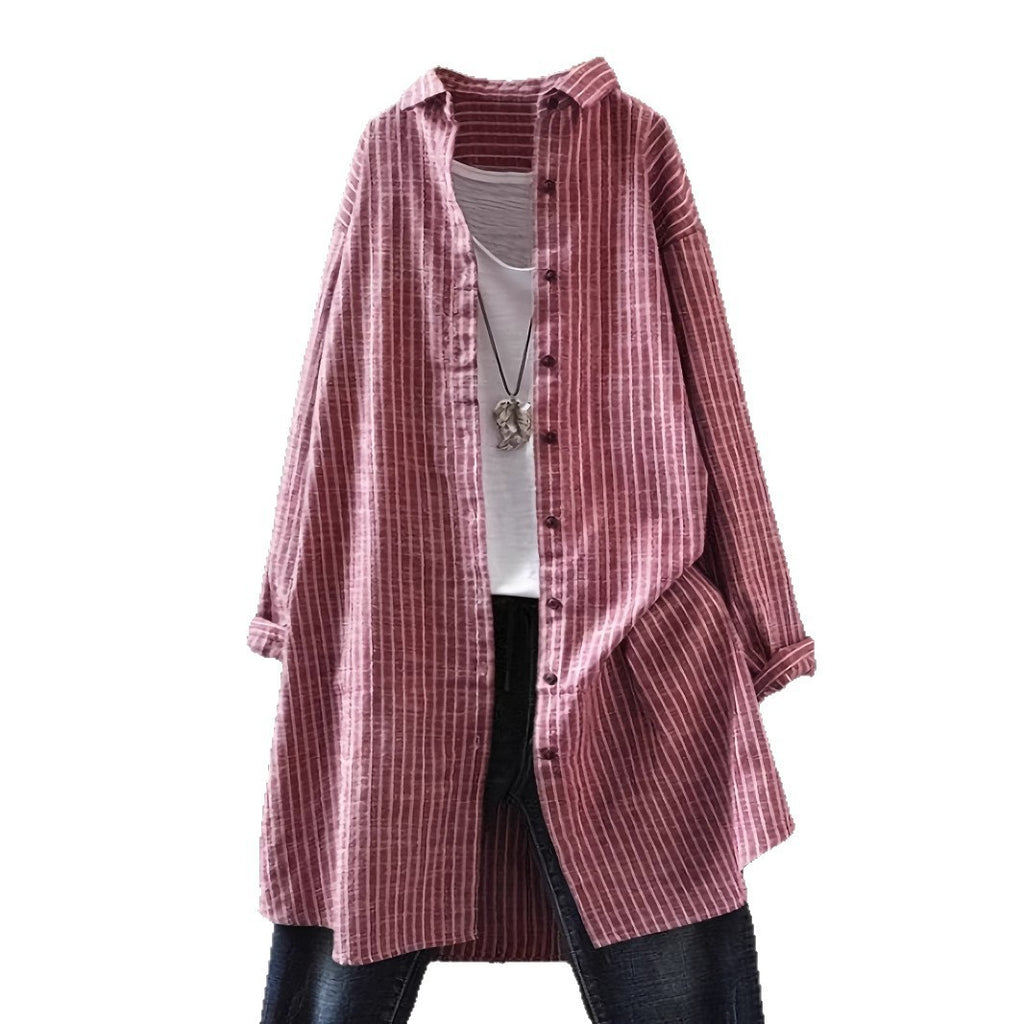 Women's Cotton Linen Striped Mid-length Long Sleeve Blouse