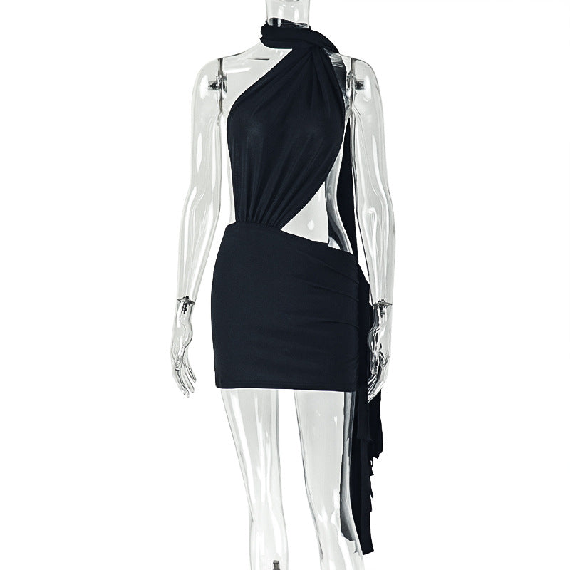 Women's Street Fashion Wear Stitched Backless Solid Color Hip Pleated Dress