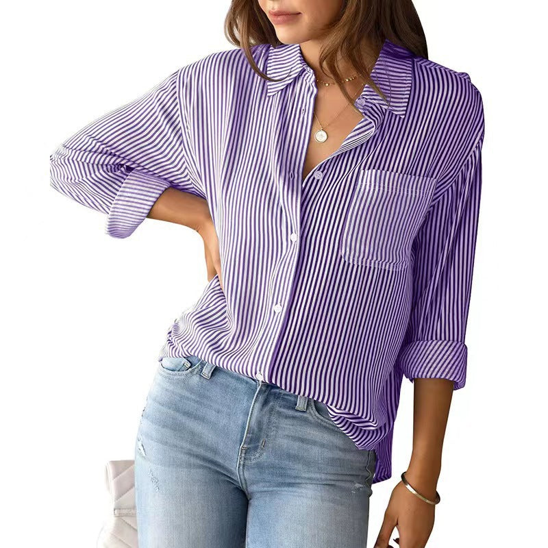 Women's With Pocket Loose Striped Classic Long Sleeve Tops