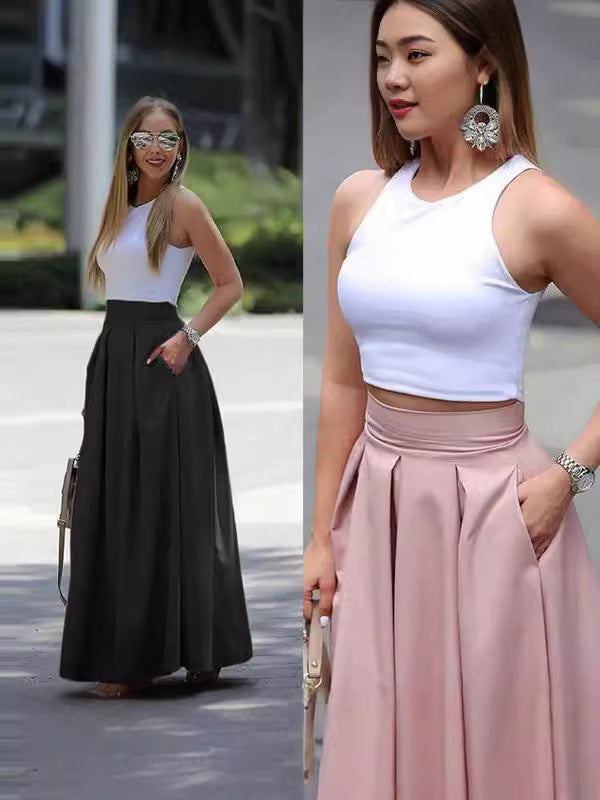 Women's Solid Fashion High Waist Pleated Maxi Skirt