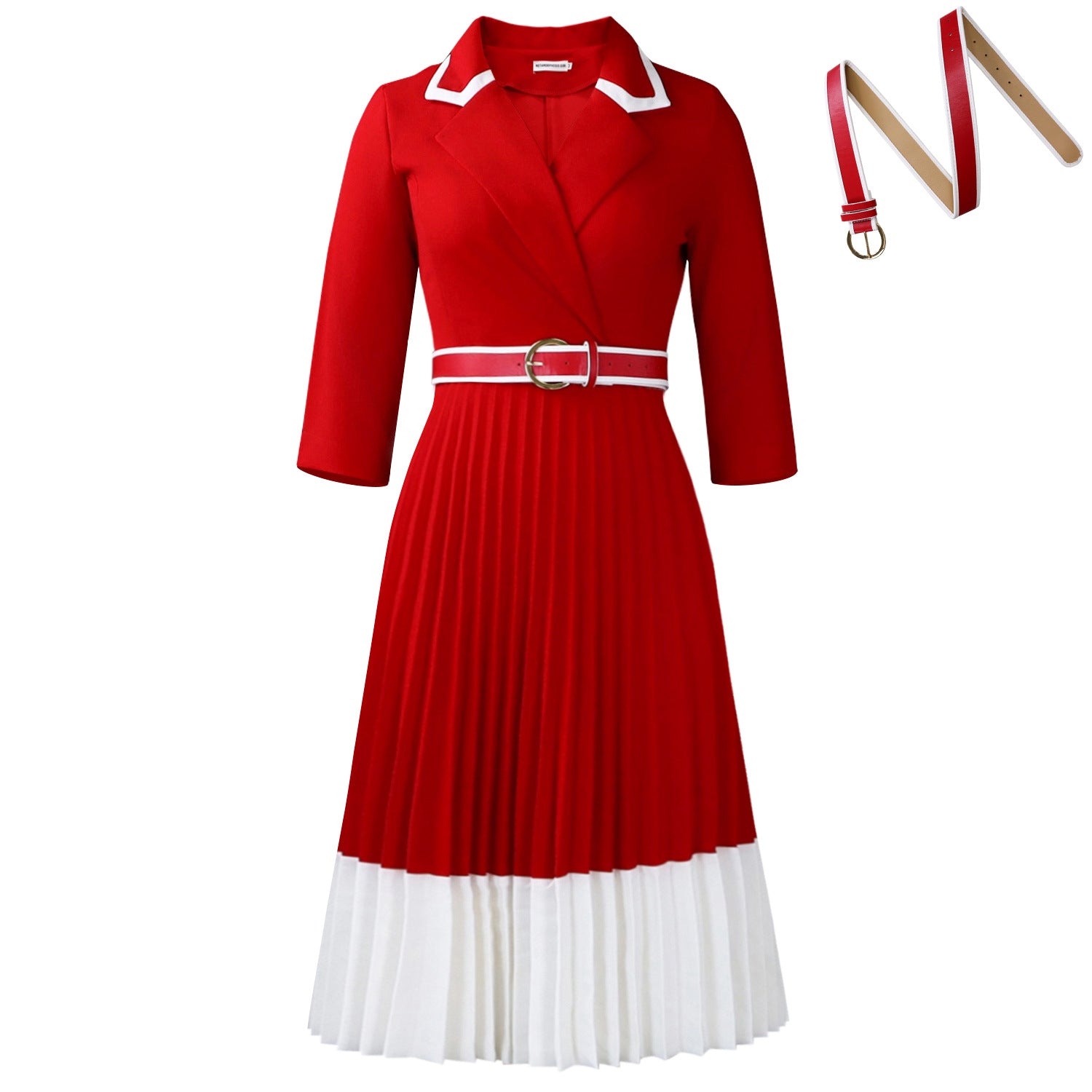 Women's Solid Color Long Sleeve Matching Pleated A- Dress