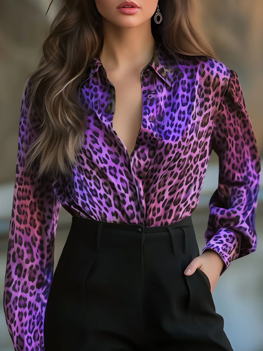Women's Elastic Satin Printed Leopard Print Leisure Loose Shirt Tops