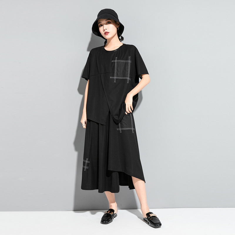 Women's Summer White Line Decoration Front Cross Dark Women's T-shirt