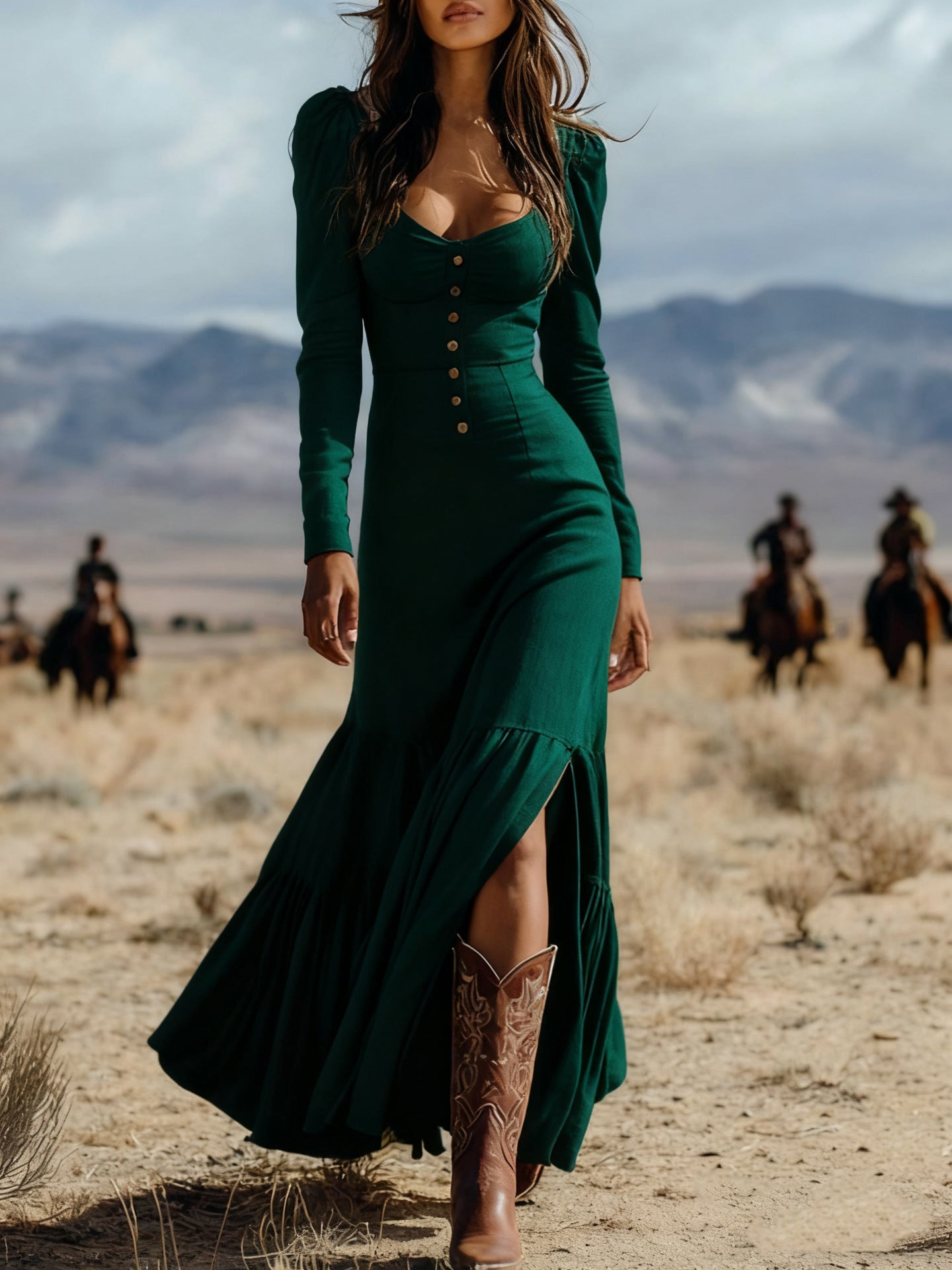Vintage Western Style Button Pleated Long Dress