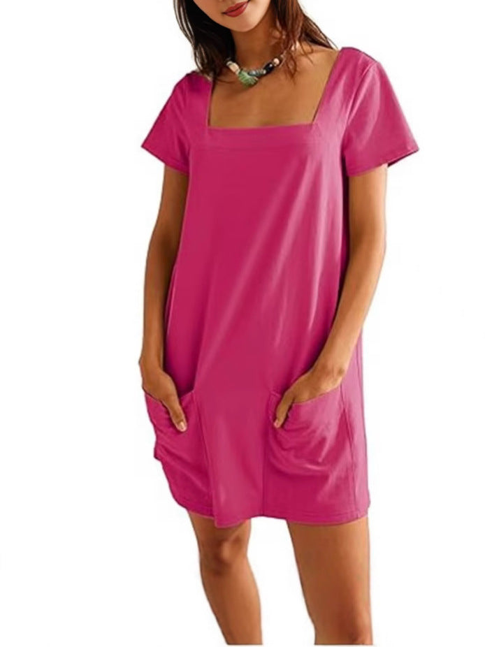 Women's Square Collar Sleeve Fashion Pocket Casual Shorts