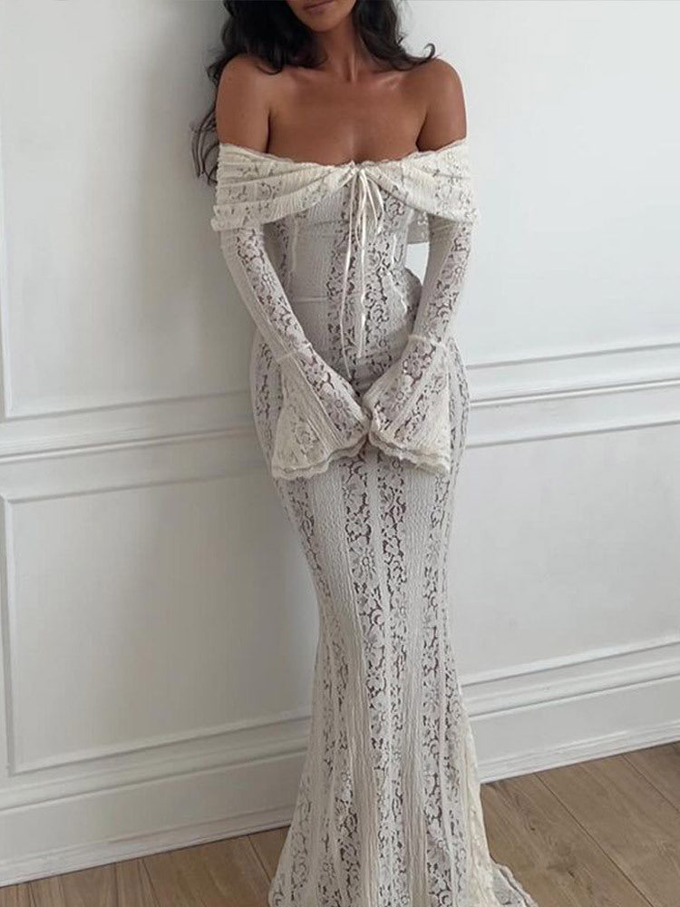 Lace Flared Sleeve Sheath Sexy Long High Dress