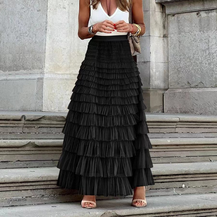 Women's French Style Long Autumn Elegant Solid Color High Waist Net Skirts