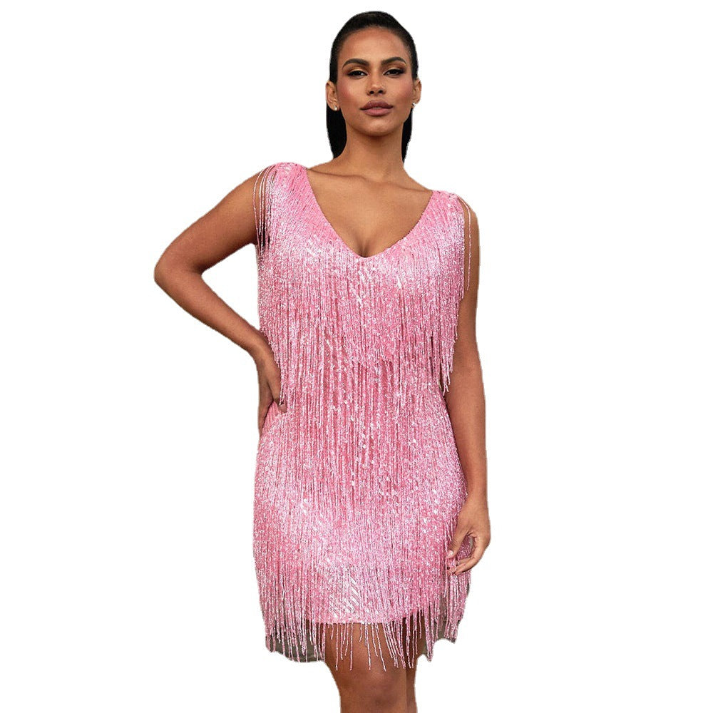 Graceful New Tassel Sequin Sleeveless Gown Dress