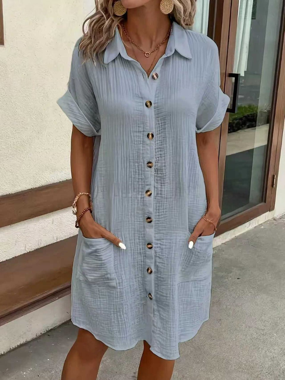 Women's Casual Solid Color Cotton Linen Breasted Long Sleeve Blouse