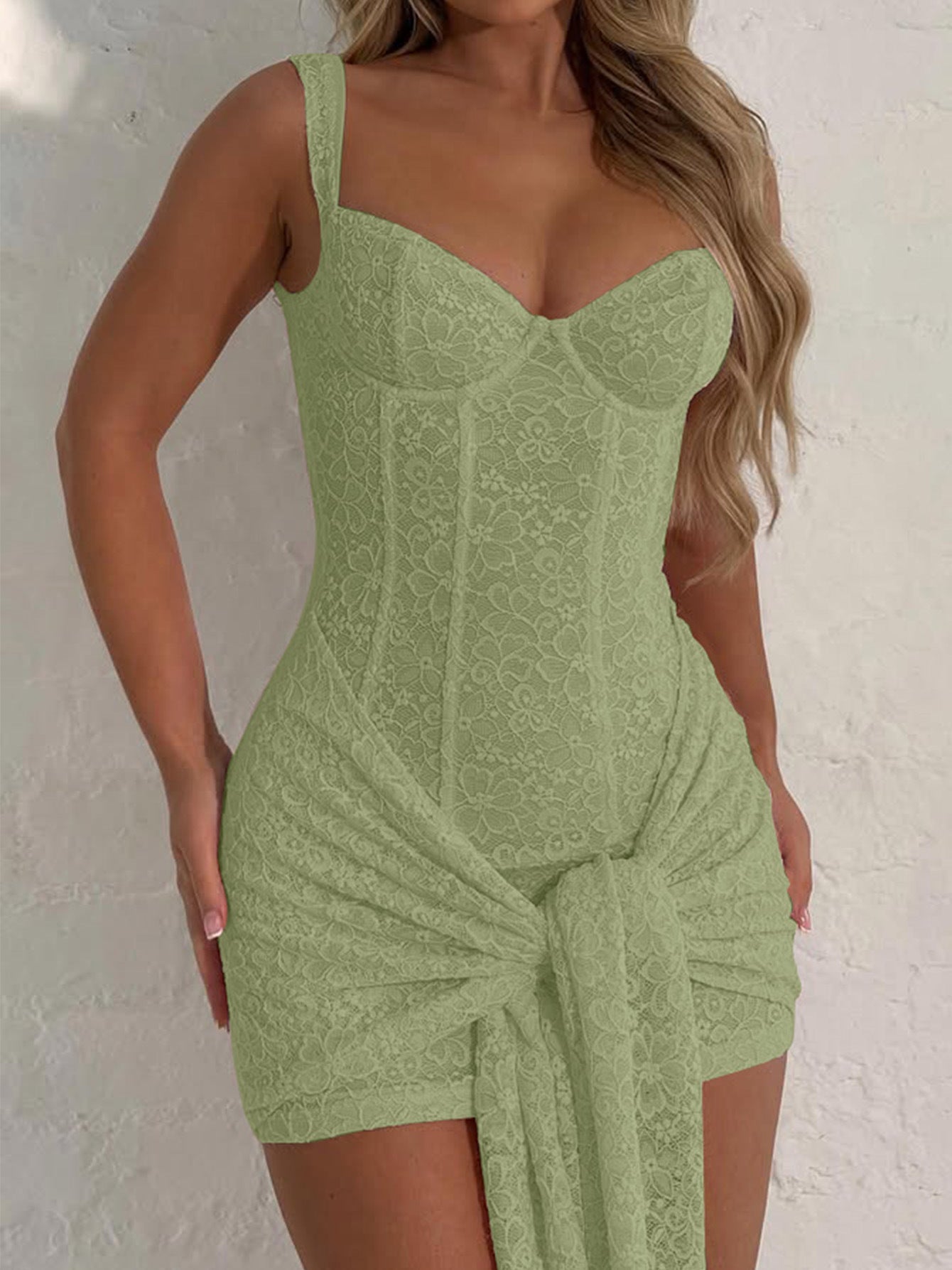 Fashion Lace Sexy Cinched Patchwork Bandage Hip Spaghetti Dress