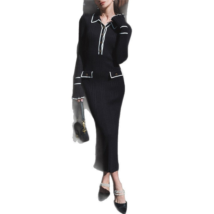 Entry Lux Ruffled Knitted Woolen Lapel Tight Dress