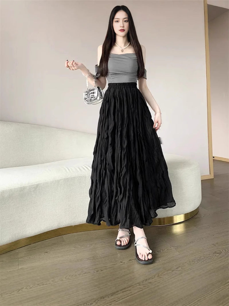 Women's White Elastic Waist A- Line Summer High Casual Elegant Long Skirt