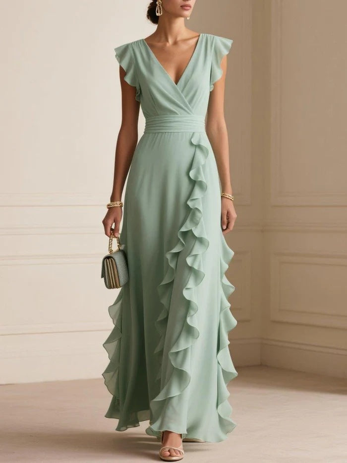 Women's Solid Color Pleated Sleeves Collar Long Dress