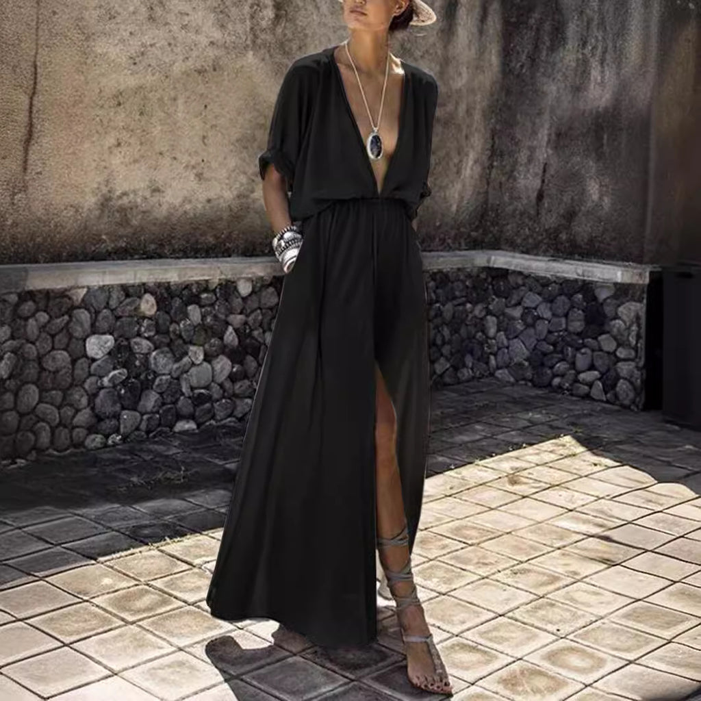 Deep V Sexy Elastic Waisted Half Sleeve Split Dress