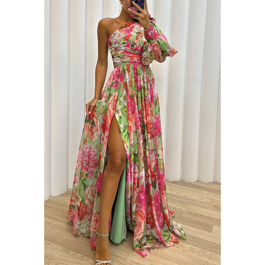Party Casual Slit Loose Multicolor Sloping Dress