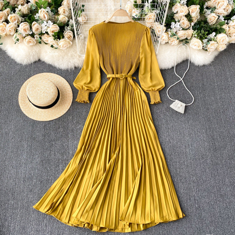 Women's Tight Waist Design Pleated Lightly Mature Dress