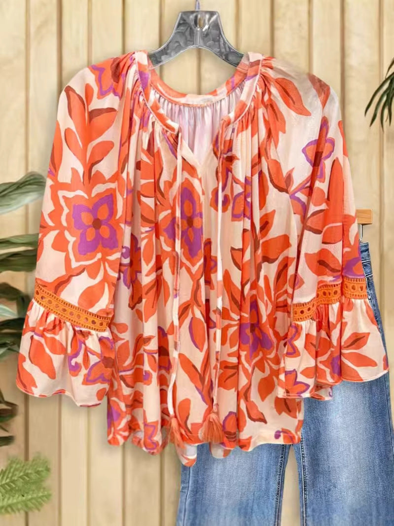 Women's Printed Batwing Sleeve Pleated Loose Shirt Blouse