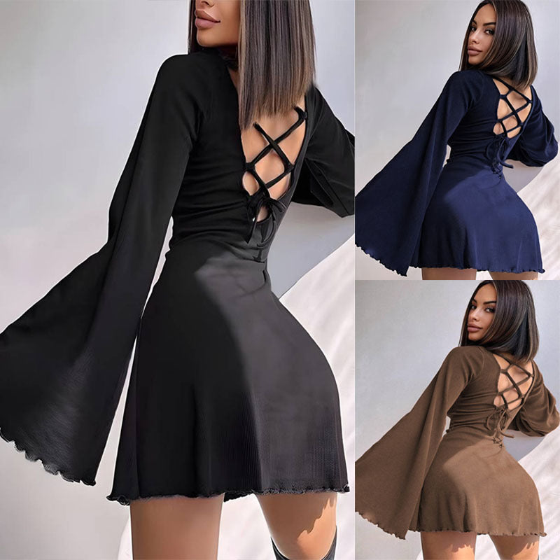 Women's Bell Sleeve Round Neck Hollow Out Dress
