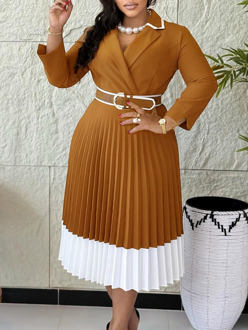 Women's Solid Color Long Sleeve Matching Pleated A- Dress