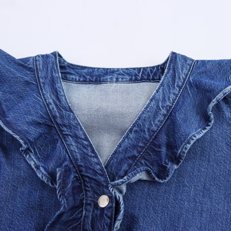 Women's Fashionable Casual Simple Lace Denim Shirt Blouse