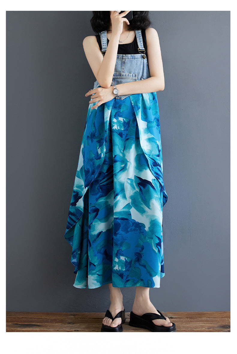 Color Loose Denim Stitching Floral Strap Dress