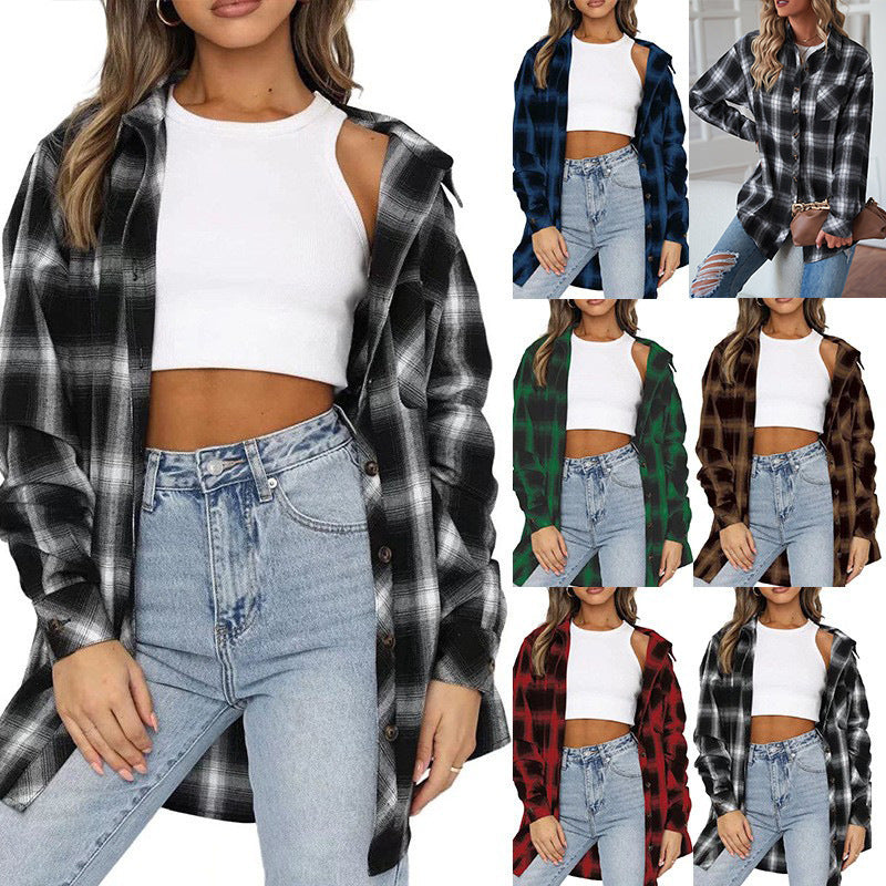 Women's Casual Boyfriend Style Loose Plaid Shirt Blouse