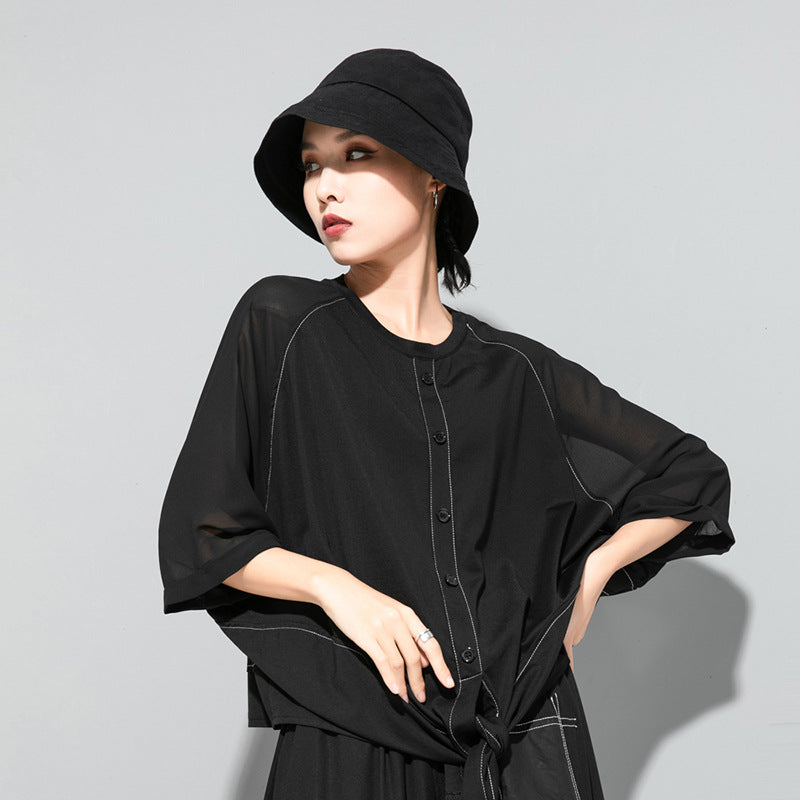 Women's Dark Cold Summer Wind Chiffon Stitching Cool Bow Loose Women's T-shirt