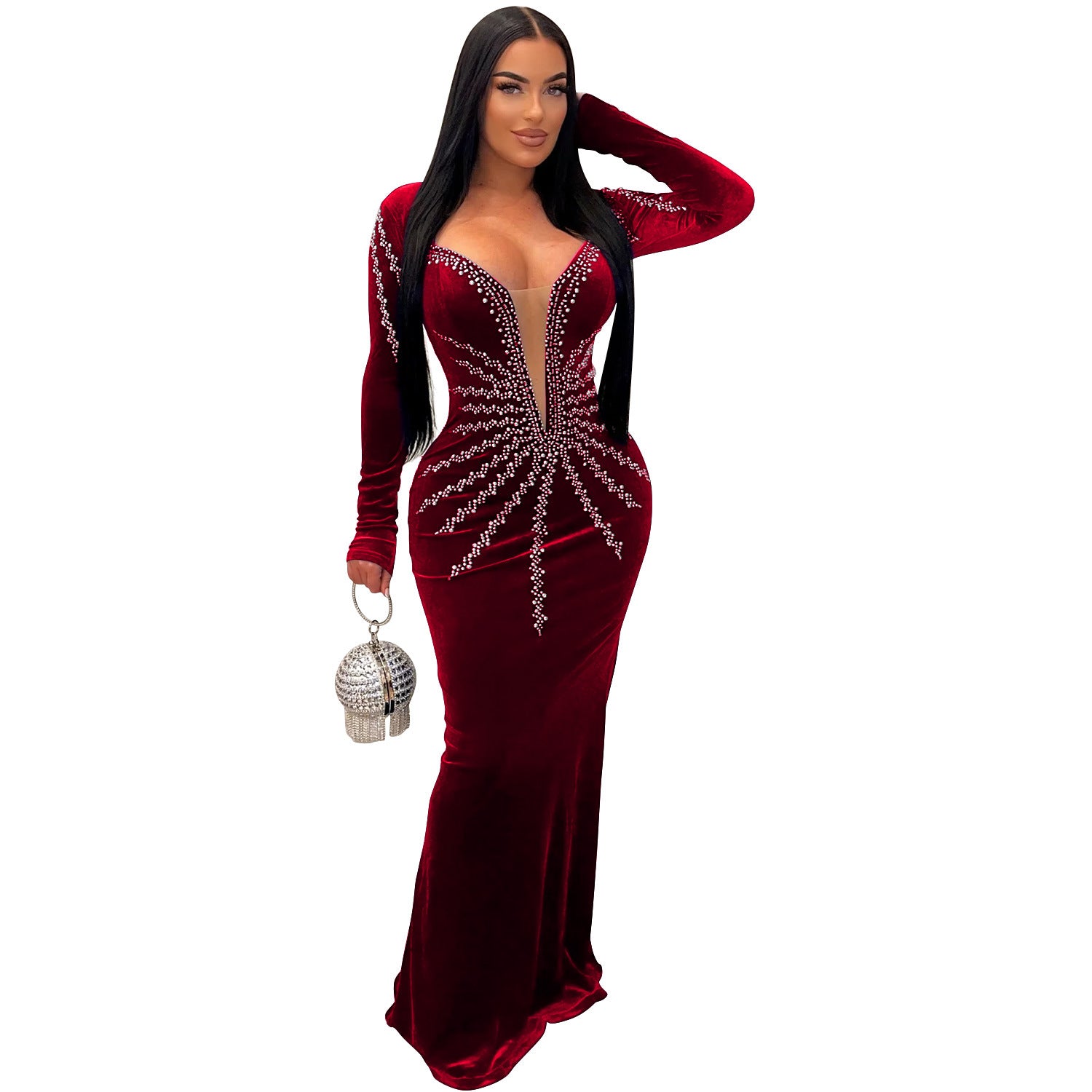 Women's Fashion Wear Solid Color Sexy Rhinestone Long Dress