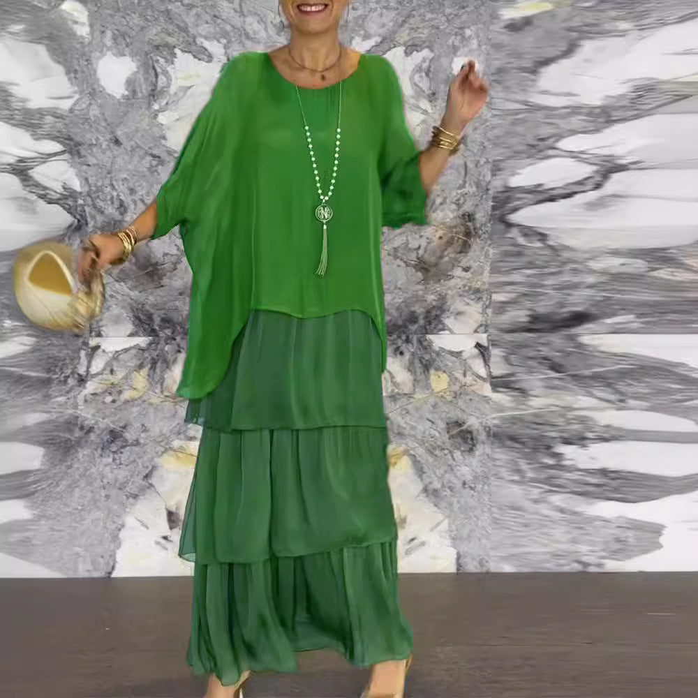 Fashion Chiffon Mesh Batwing Sleeve Long Dress