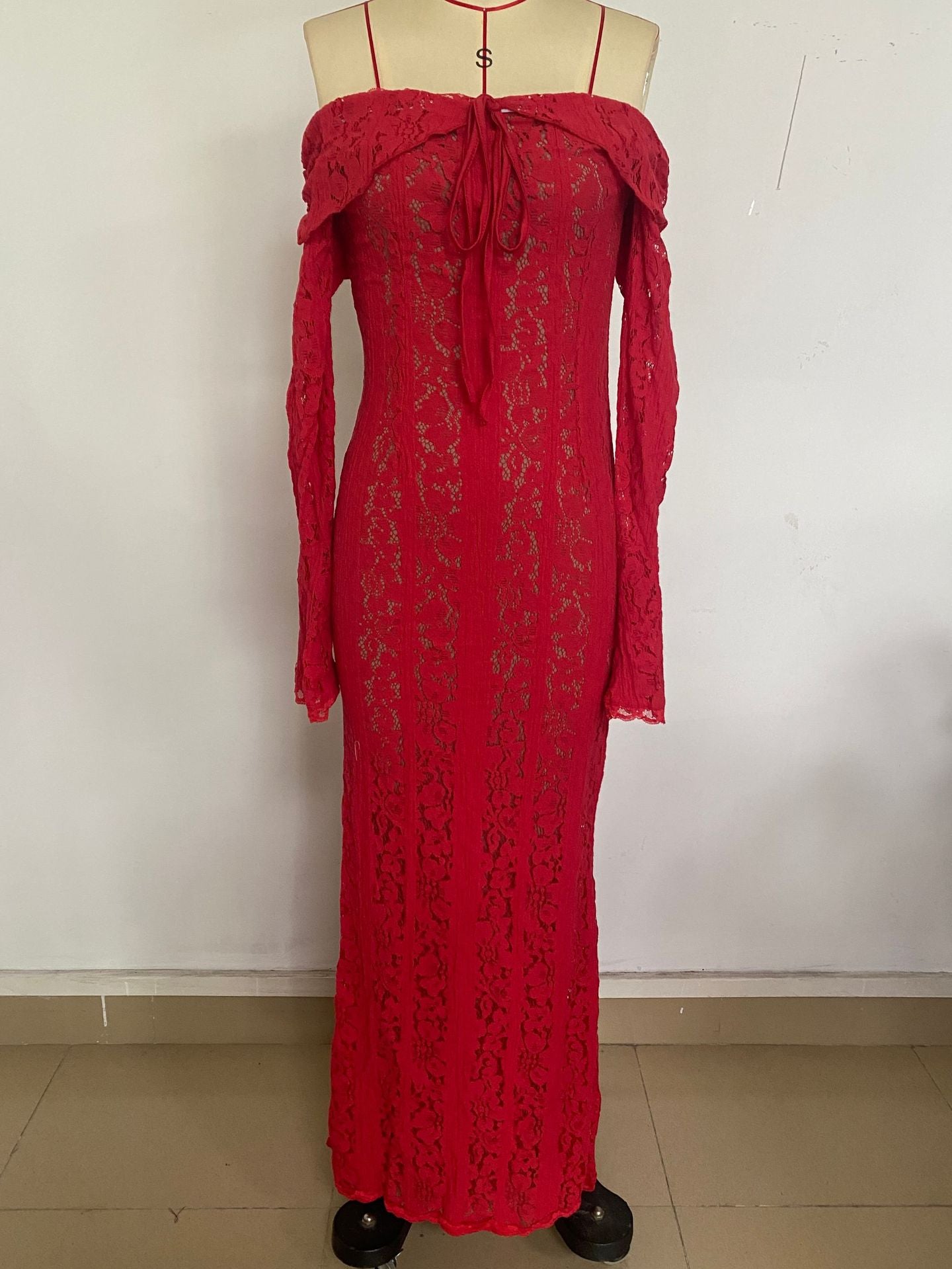 Autumn French Style Temperament Lace Long Flared Sleeve Dress