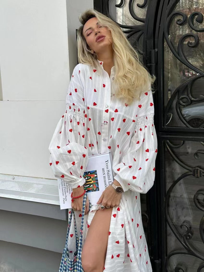 Autumn Heart Printing Village Nightdress Comfortable Dress