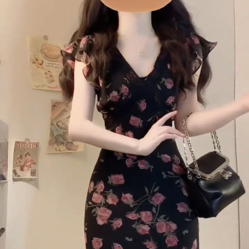 Women's Style Flying Sleeve Black Shivering Summer Korean Elegant Dress