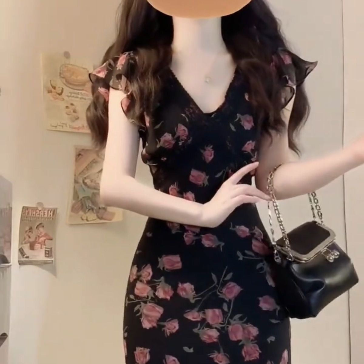 Women's Style Flying Sleeve Black Shivering Summer Korean Elegant Dress