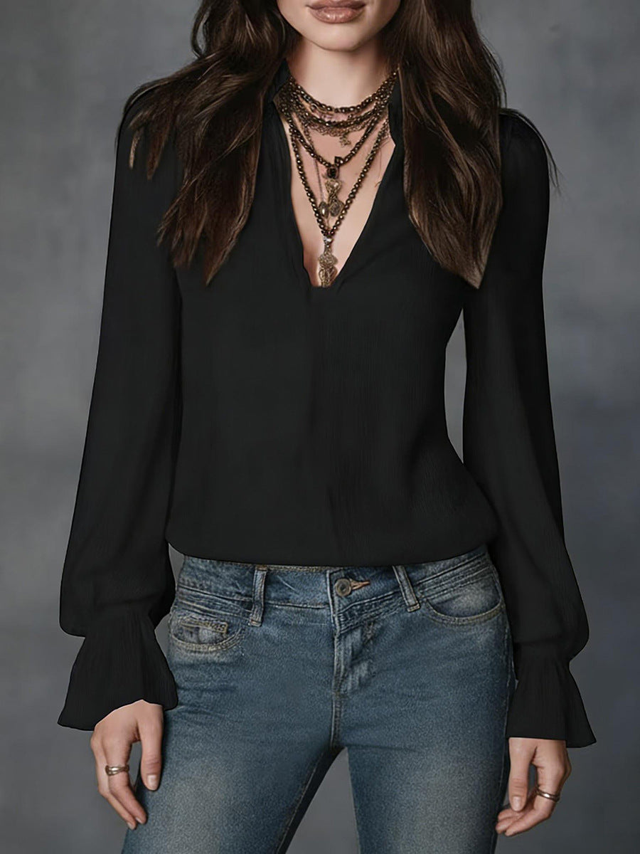 Women's Spring Stylish Temperament Long Sleeves Solid Color Casual Lapel Shirt Blouse