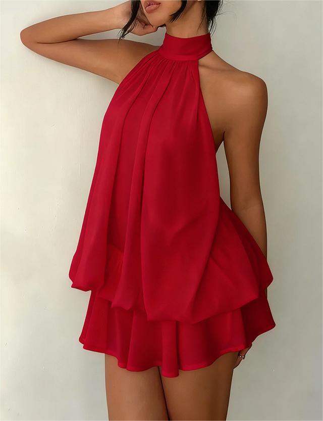 Women's Holiday Sexy Backless Halter Puff Dress