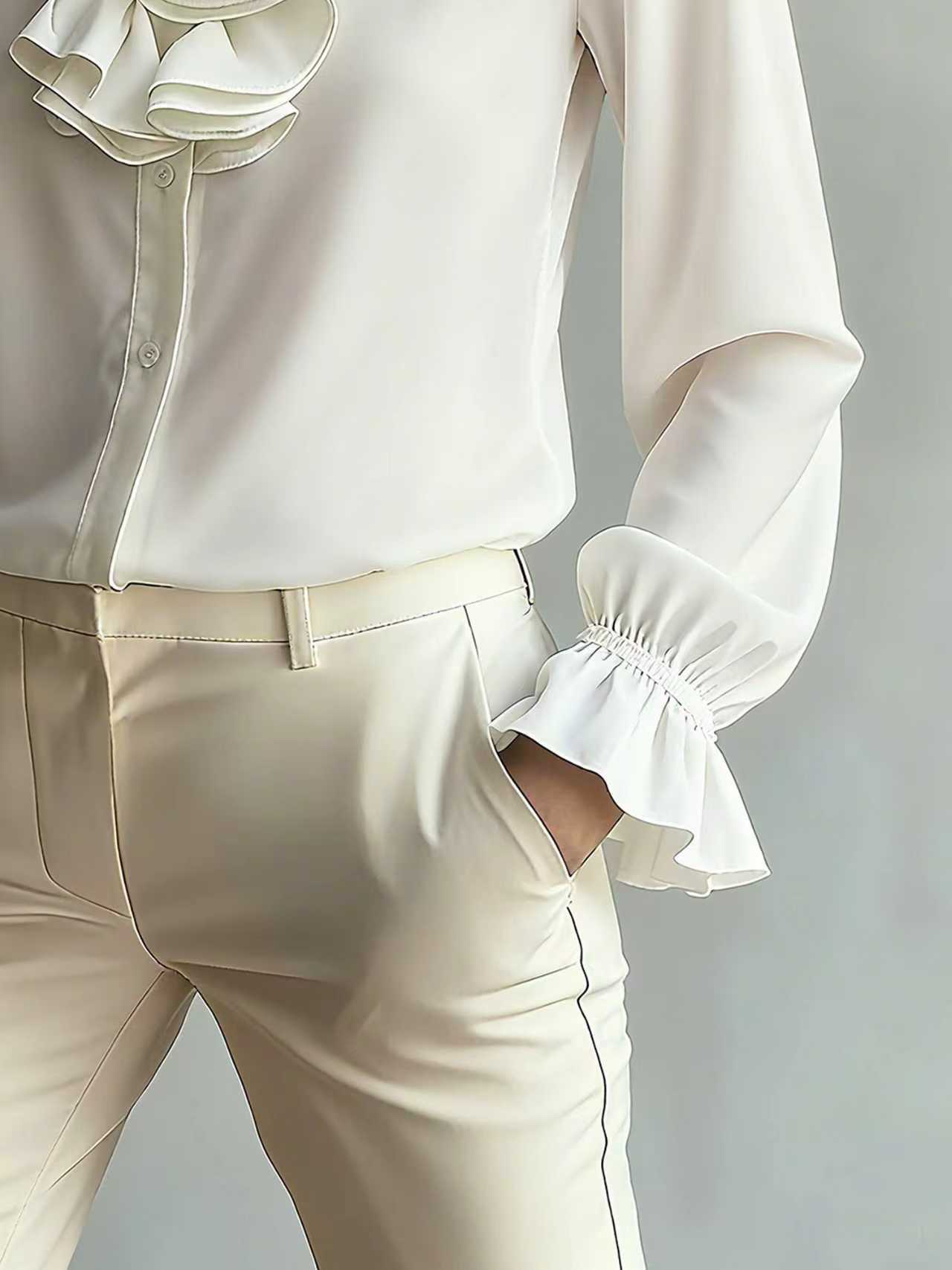 Women's Temperament Commute Loose Lapel Pure Color Ruffles Blouse